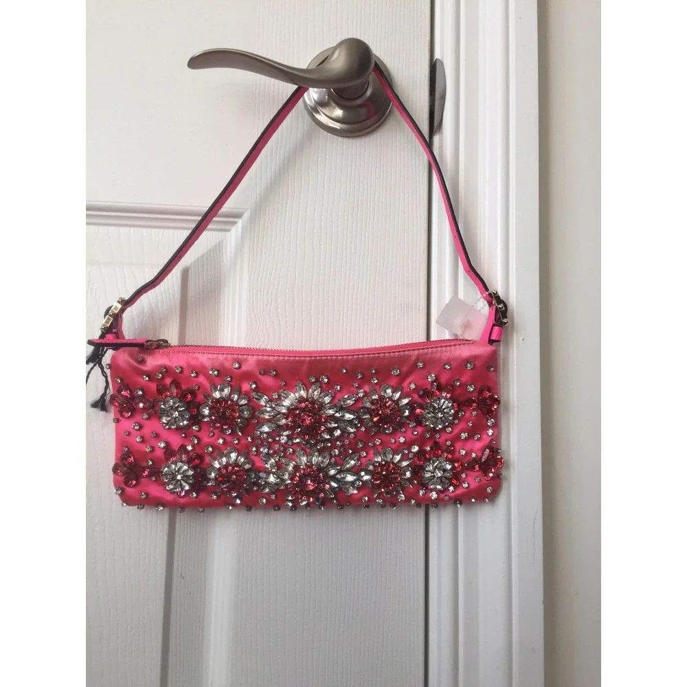 Valentino Garavani Pink Silk Satin Crystal Embellished Flower Pochette Bag